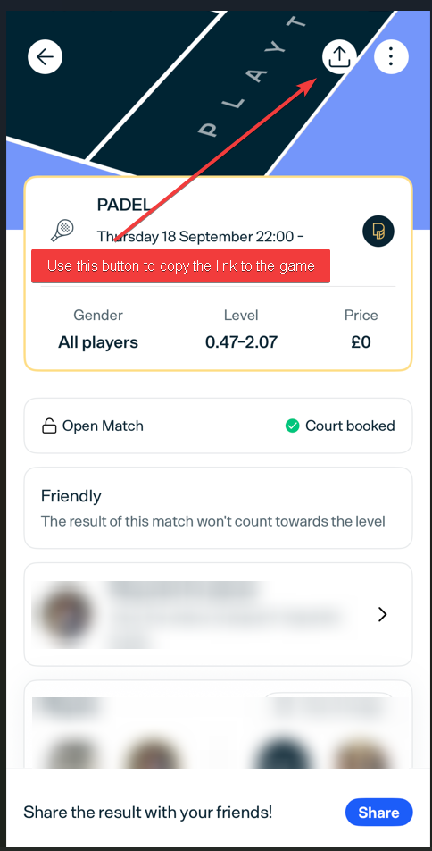 Where to tap Share in Playtomic